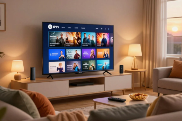 Modern living room with a large smart TV displaying an IPTV streaming interface, showcasing movies and live entertainment in a cozy home setting.