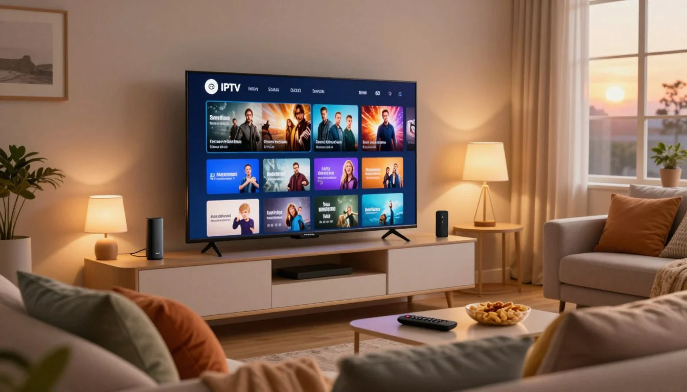 Modern living room with a large smart TV displaying an IPTV streaming interface, showcasing movies and live entertainment in a cozy home setting.