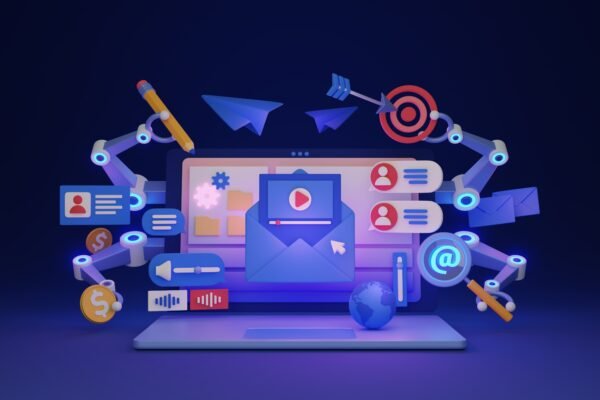 AI Social Media Management Tool dashboard showing automated content scheduling, analytics, audience engagement, and AI-powered social media marketing features