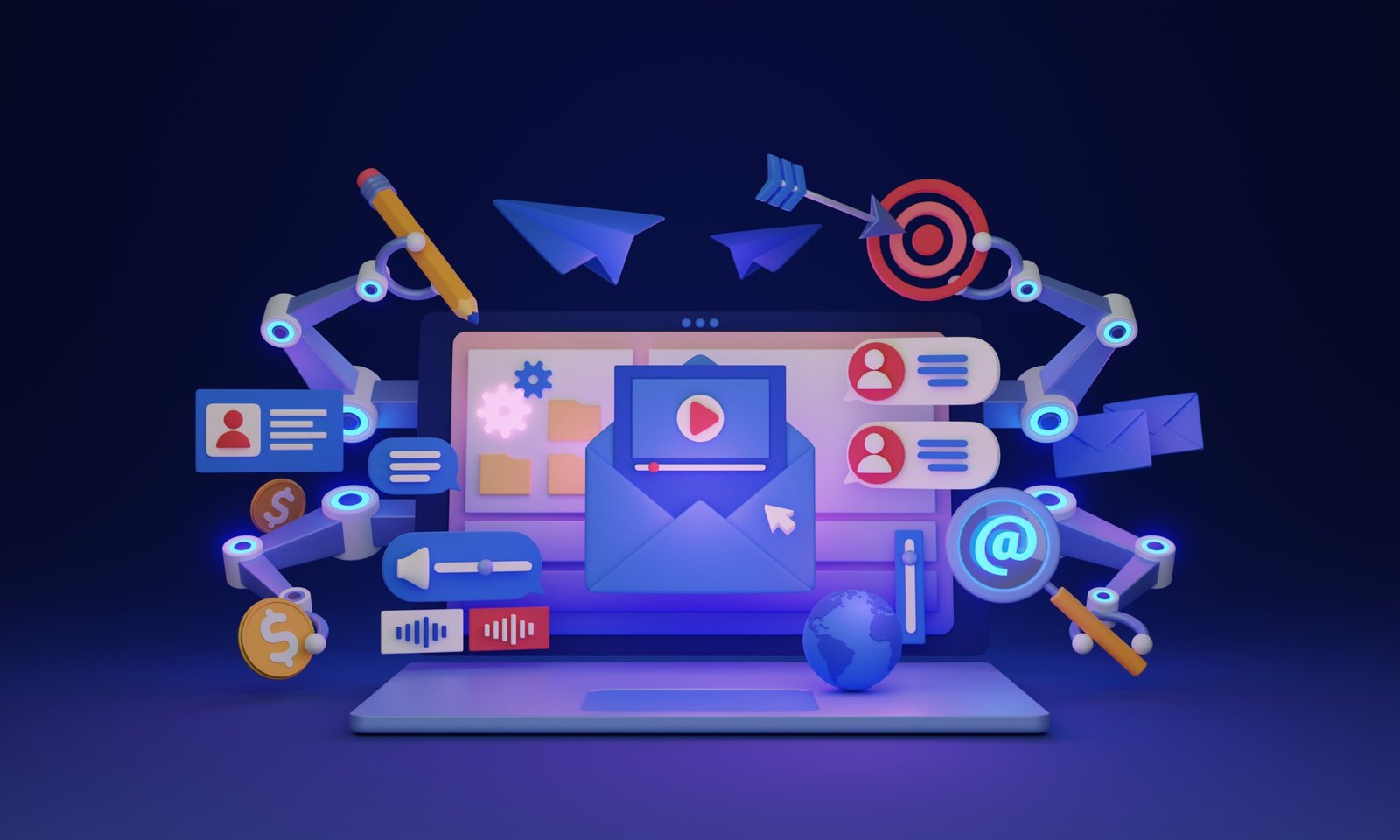 AI Social Media Management Tool dashboard showing automated content scheduling, analytics, audience engagement, and AI-powered social media marketing features