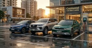 Petrol diesel and electric hire cars compared in a modern urban environment for 2026 car rental choices