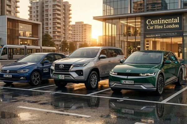 Petrol diesel and electric hire cars compared in a modern urban environment for 2026 car rental choices